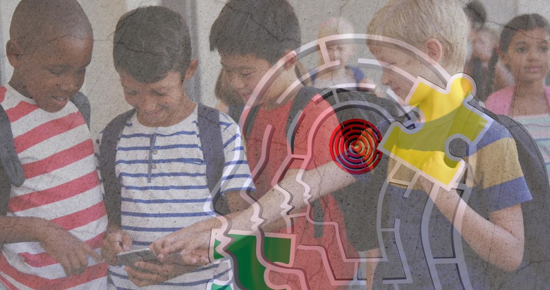 Diverse Boys Bonding Over Smartphones and Puzzle Graphic
