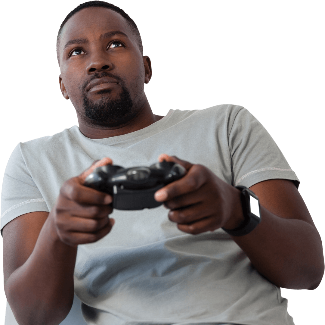 Transparent Background Man Playing Video Games Focused Expression