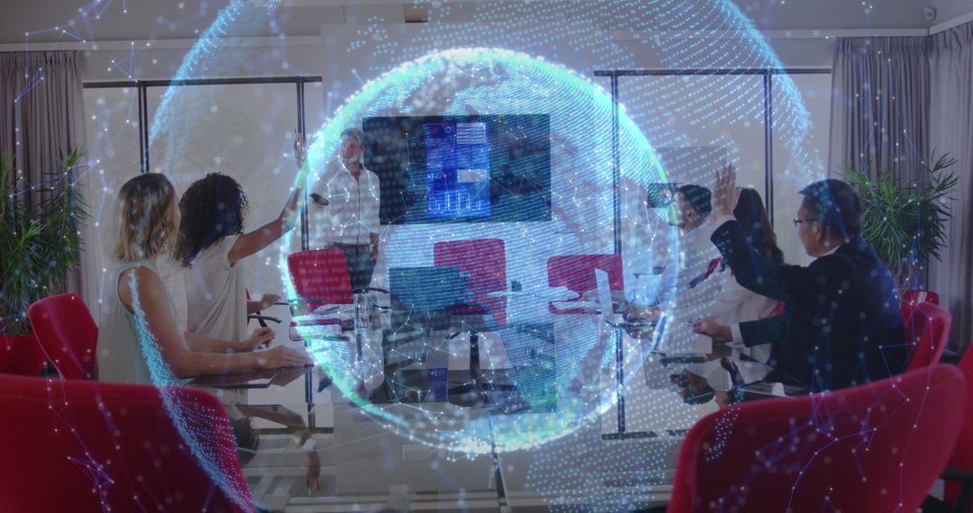 Virtual Business Team Meeting with Futuristic Digital Interface