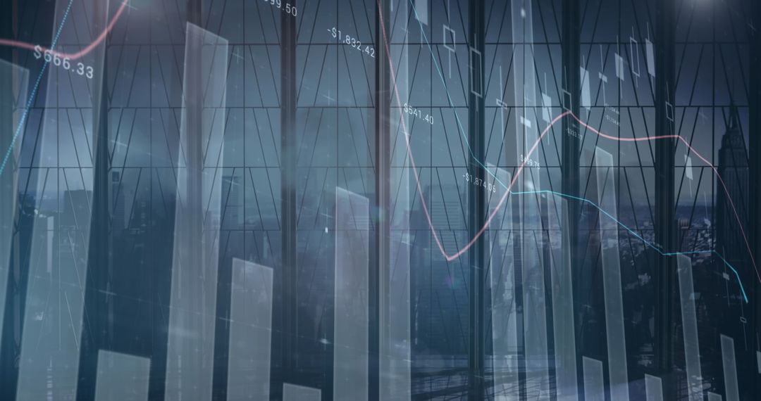 Financial Data Charts Over Urban Skyline Showing Market Trends