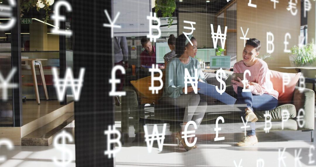 Diverse Team Discussing Global Finance with Currency Symbols Overlay