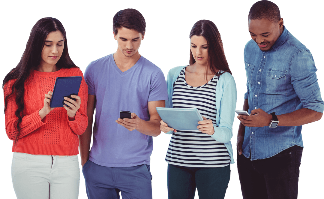 Young Adults Engaging with Mobile Devices with Transparent Background