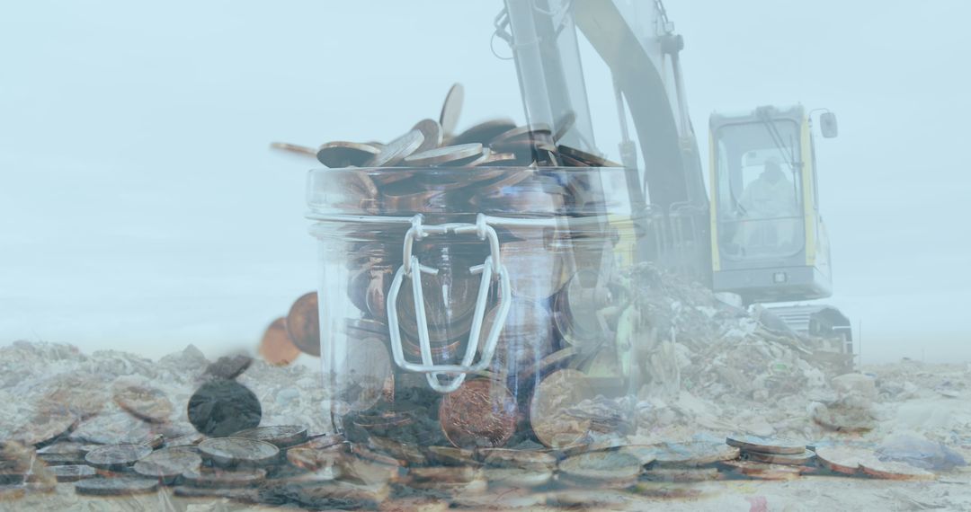Coin Jar Overlaying Bulldozer Working at Landfill Concept
