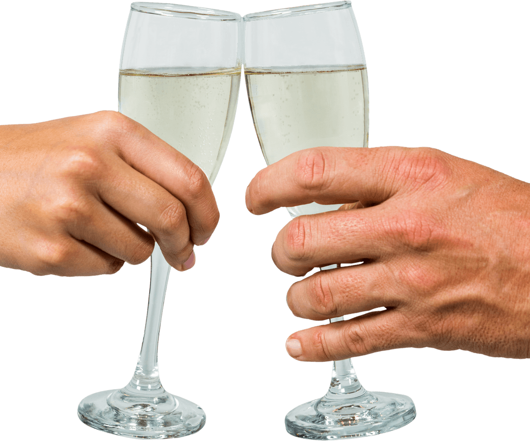 Hands Toasting Crystal Flutes of Champagne on Transparent Background