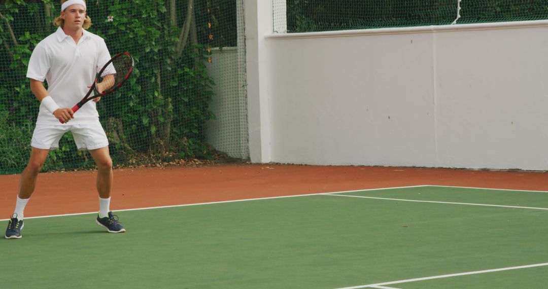 Tennis Player on Outdoor Court Ready for Match - Free Images, Stock Photos and Pictures on Pikwizard.com