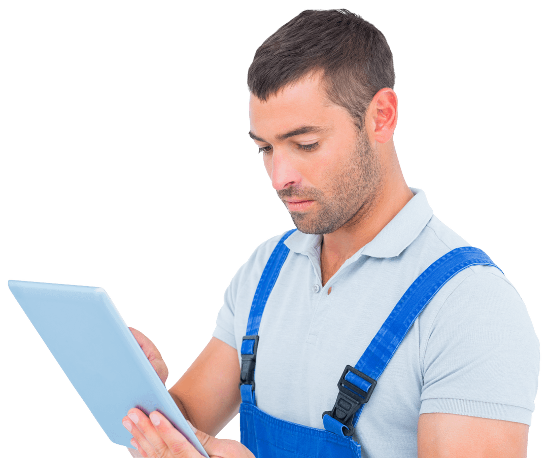 Transparent Male Carpenter Using Digital Tablet for Technical Solutions