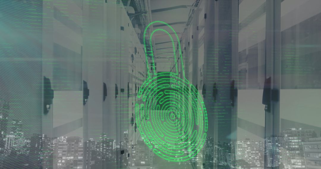 Cybersecurity Concept with Lock Image Over Server Room Background