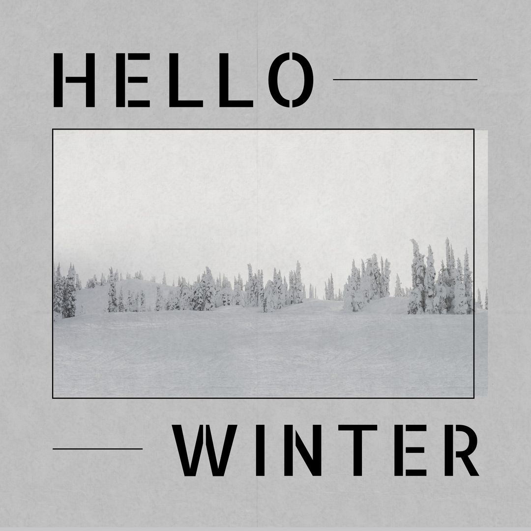 Square image of hello winter text with winter forest picture over grey background - Download Free Stock Templates Pikwizard.com