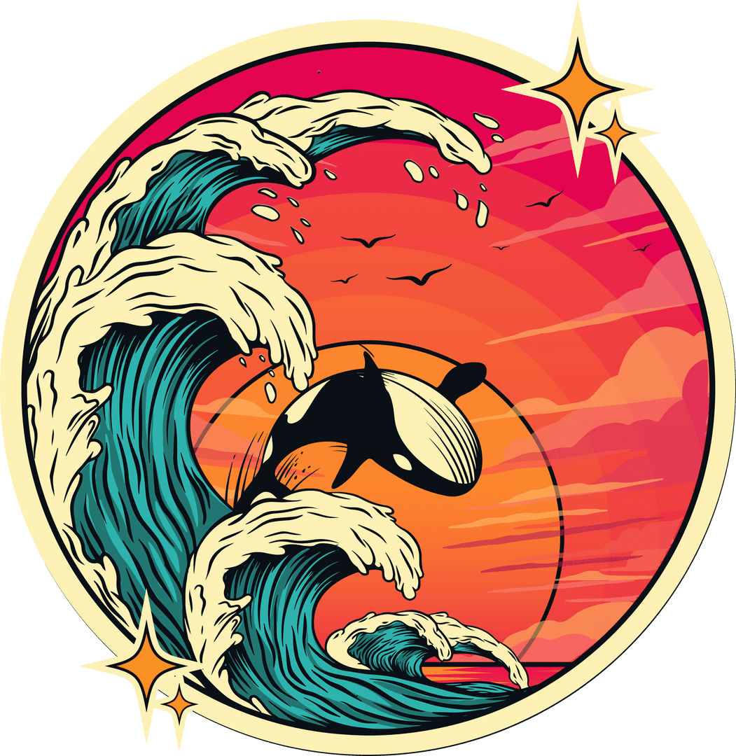 Transparent Orca Breaching Waves in Sunset Minimalist Theme