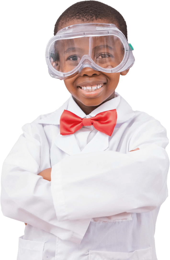 Happy African American Boy Scientist with Goggles on Transparent Background