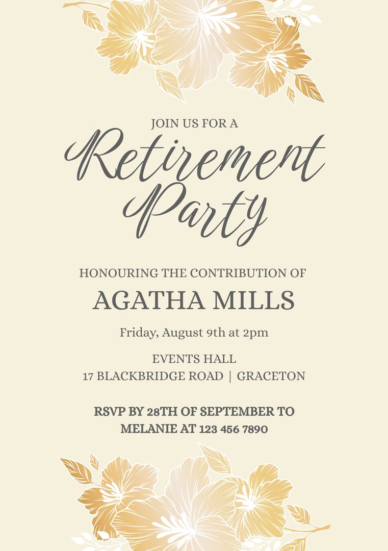 Elegant Retirement Party Invitation with Gold Floral Accents - Download Free Stock Templates Pikwizard.com