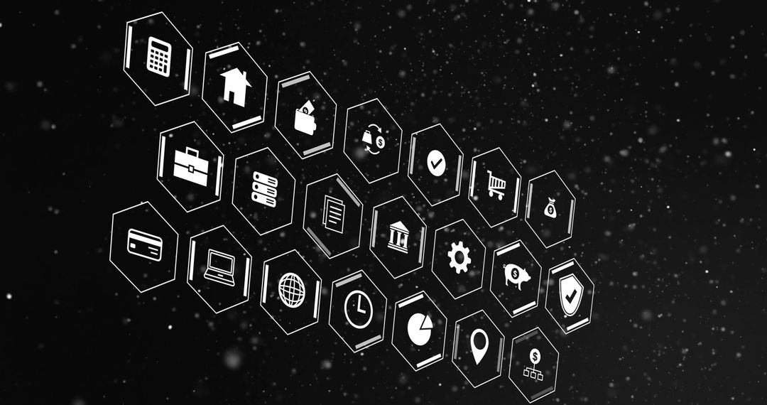 Abstract Digital Finance Icons on Black Background
