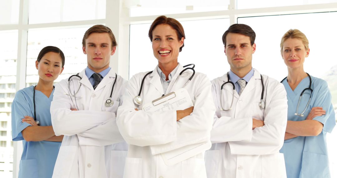 Diverse Medical Team Confidently Posing Together in Modern Hospital - Free Images, Stock Photos and Pictures on Pikwizard.com