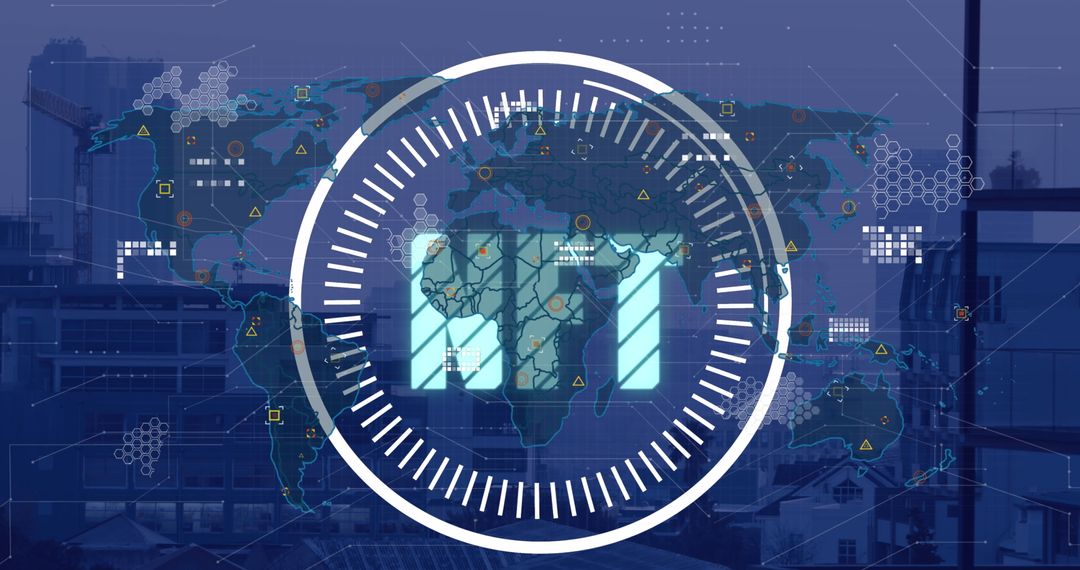 Futuristic NFT Technology Concept with Digital World Map