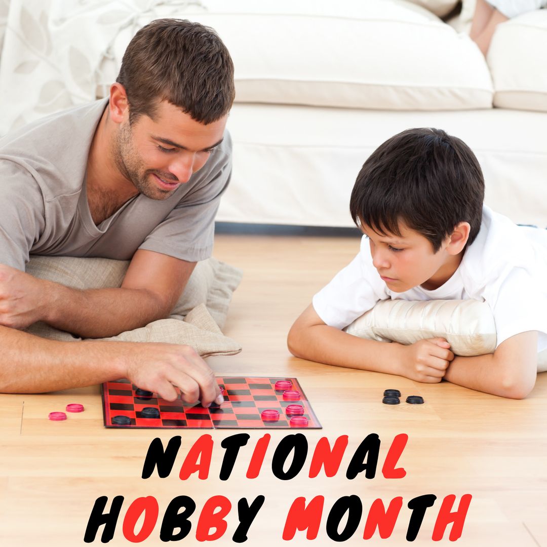 Father and Son Enjoying Checkers Game Celebrating National Hobby Month