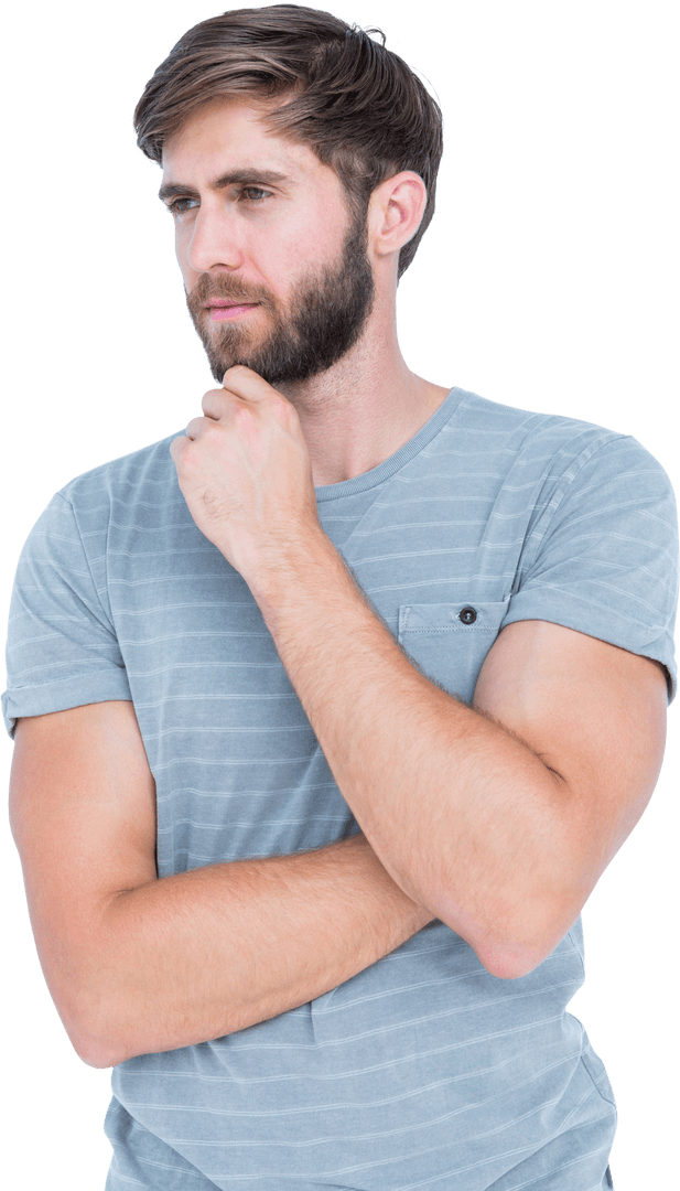 Transparent Man Reflecting on Decision with Hand on Chin
