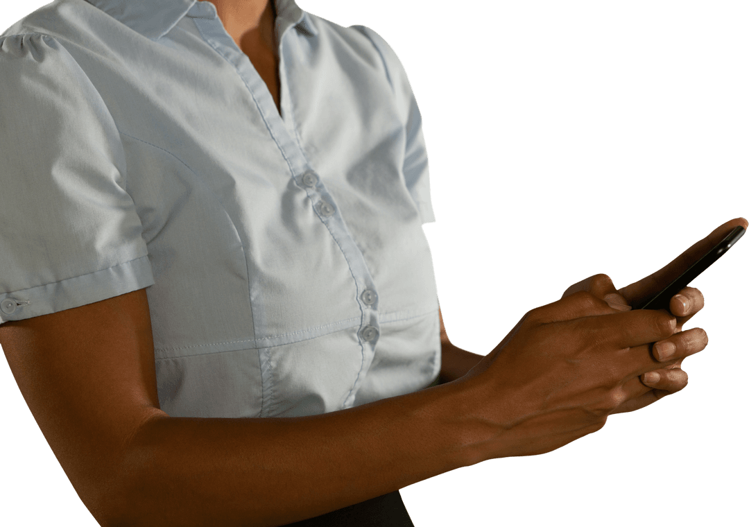 Woman Using Smartphone in Formal Shirt, Mid Section Transparent Background