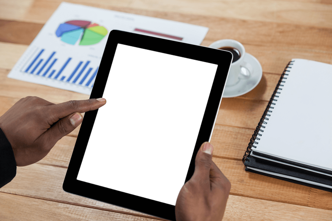 Transparent Tablet Usage by Businessman at Work Desk Office