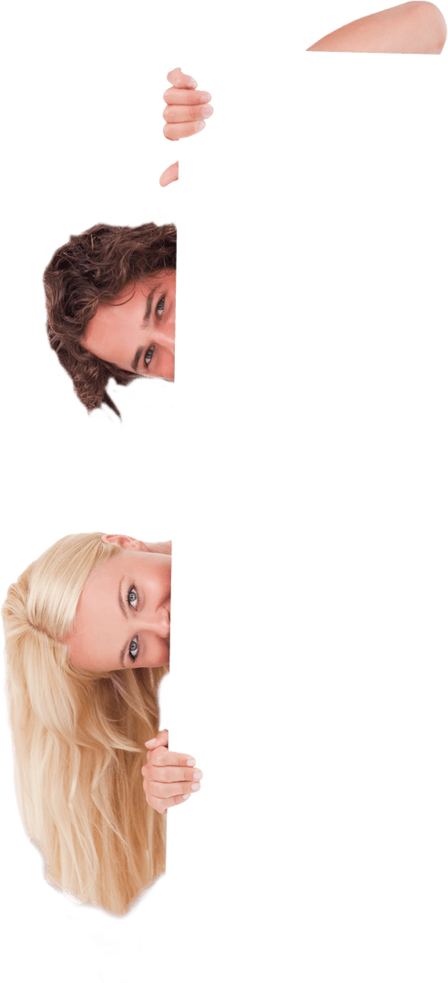 Attractive Couple Peeking Over Transparent Blank Card with Smiles