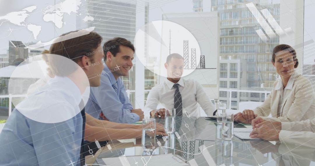 Business Team Meeting with Dynamic Graphical Overlay in Modern Office