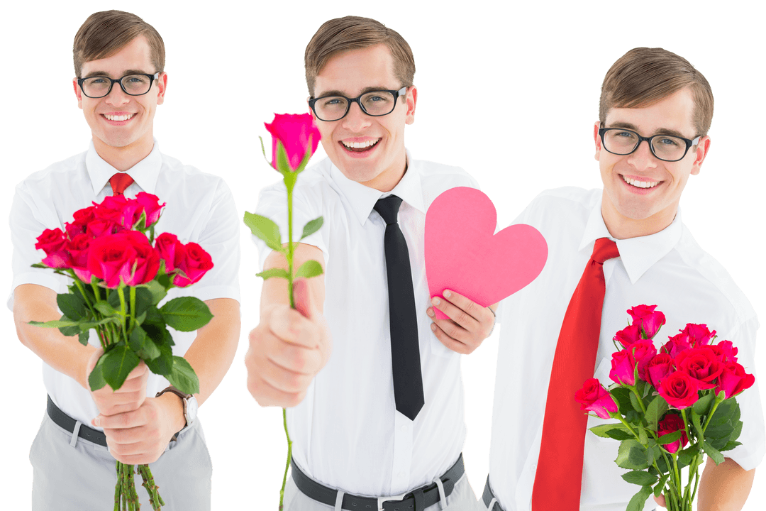 Caucasian Men with Flowers and Heart on Transparent Background