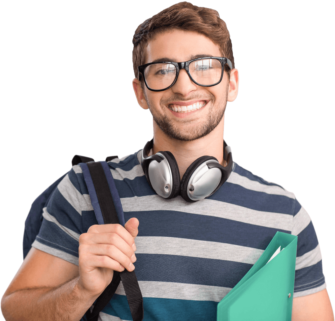 Smiling Male Student with Headphones on Transparent Background