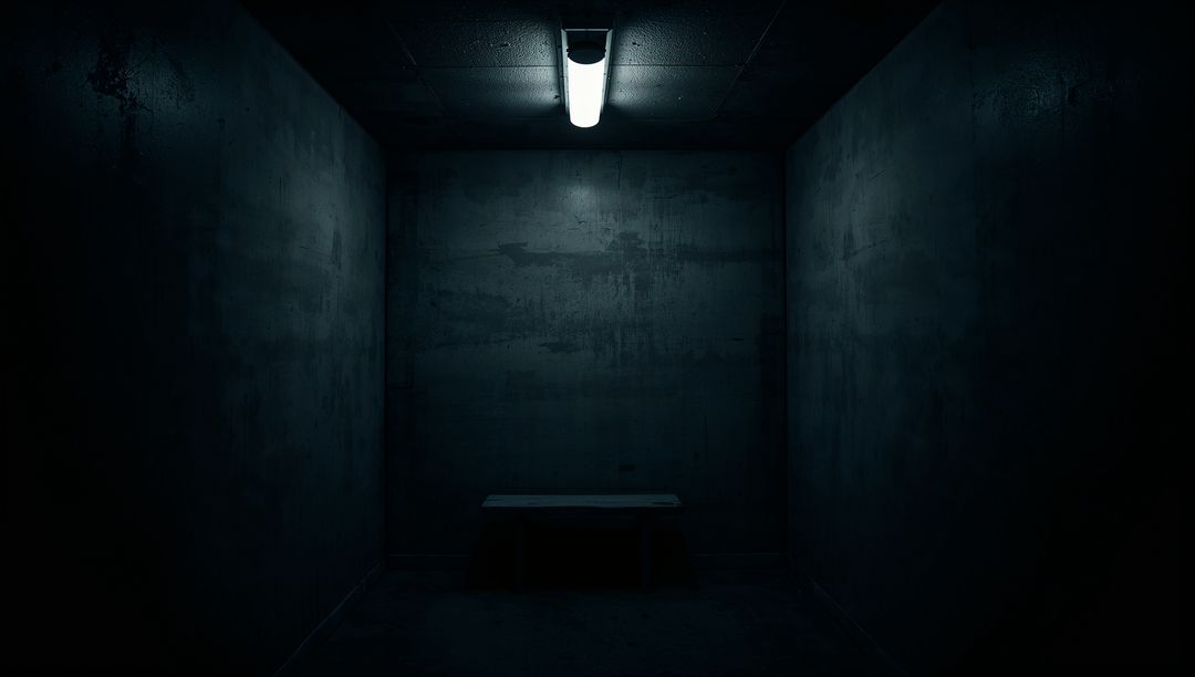 Creepy Dimly Lit Empty Concrete Room with Harsh Light