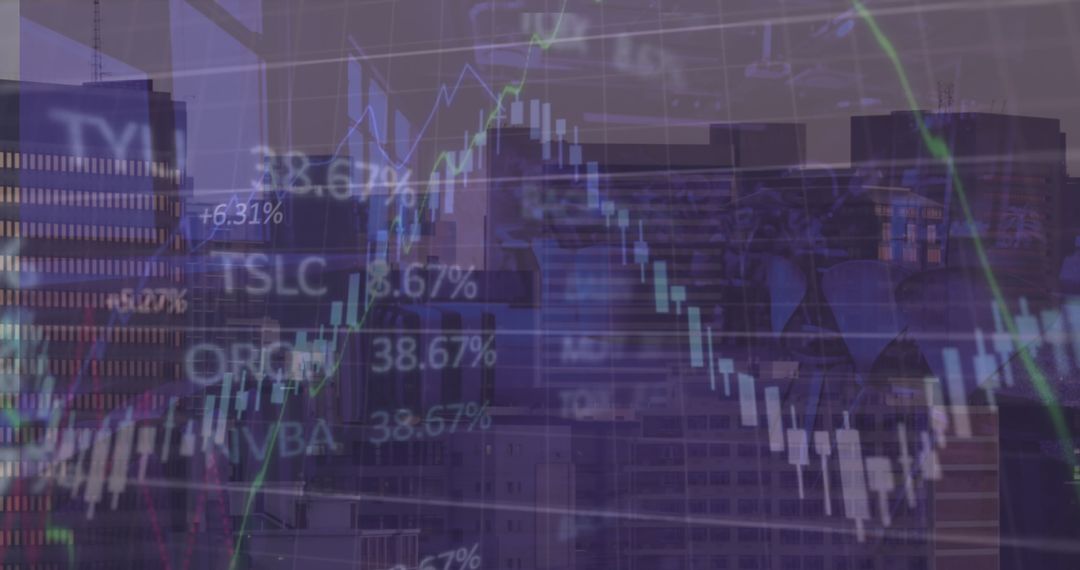 Financial Charts Overlay on City Skyline at Dusk