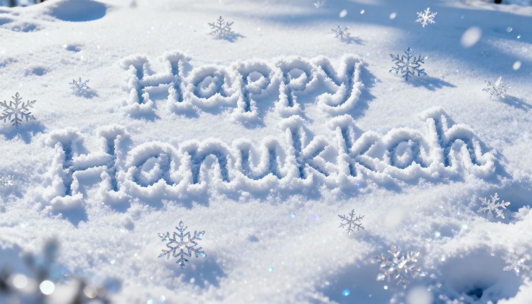 Happy Hanukkah Carved in Snow with Sparkling Snowflakes and Sunlit Bokeh