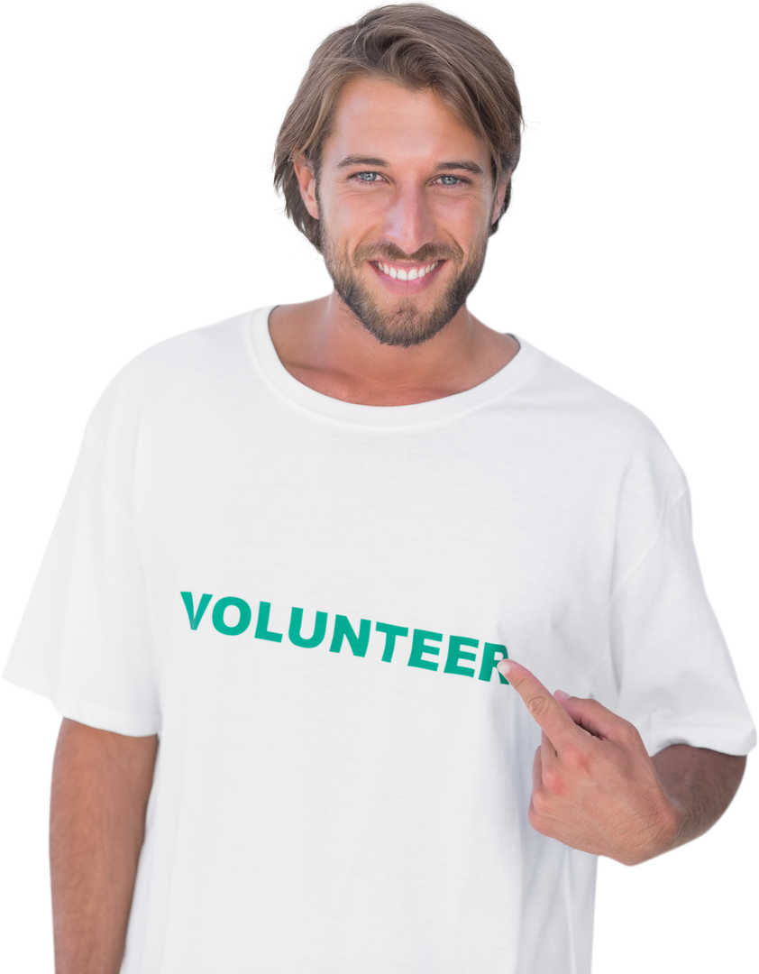 Smiling Man Proudly Displaying Volunteer Transparent T-Shirt - Download Free Stock Images Pikwizard.com