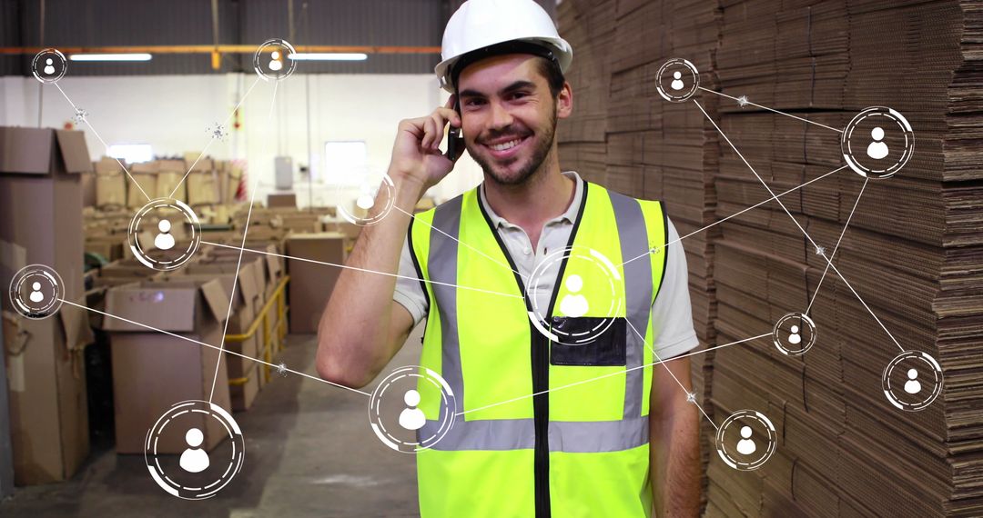 Warehouse Worker Using Smartphone with Digital Network Concept