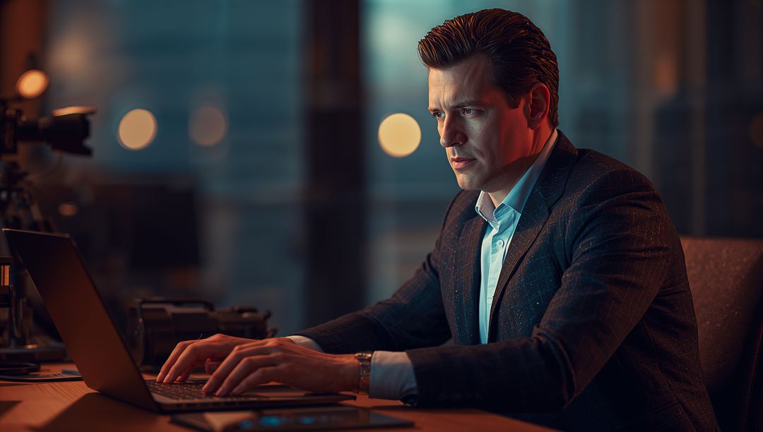 Focused Businessman Working Late on Laptop