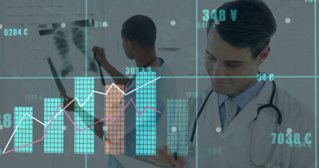 Doctors Analyzing Data with Overlay of Global Financial Graphs