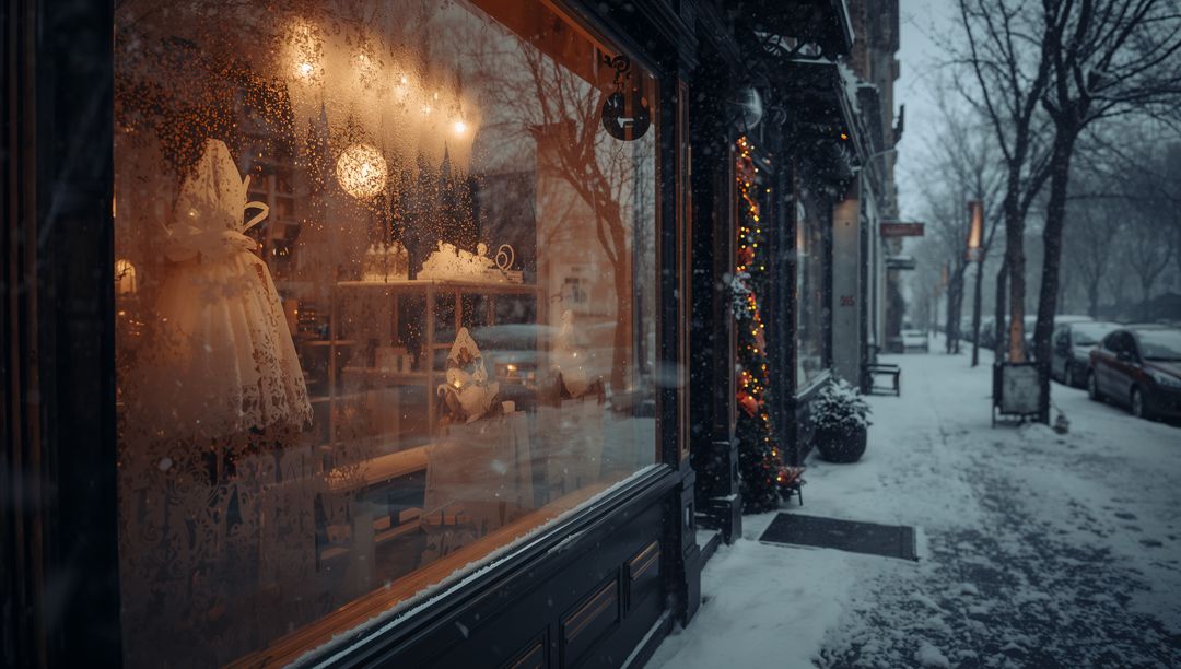 Snowy Boutique Window Glow with Frosted Display, Mannequins in Gowns and Festive Garland