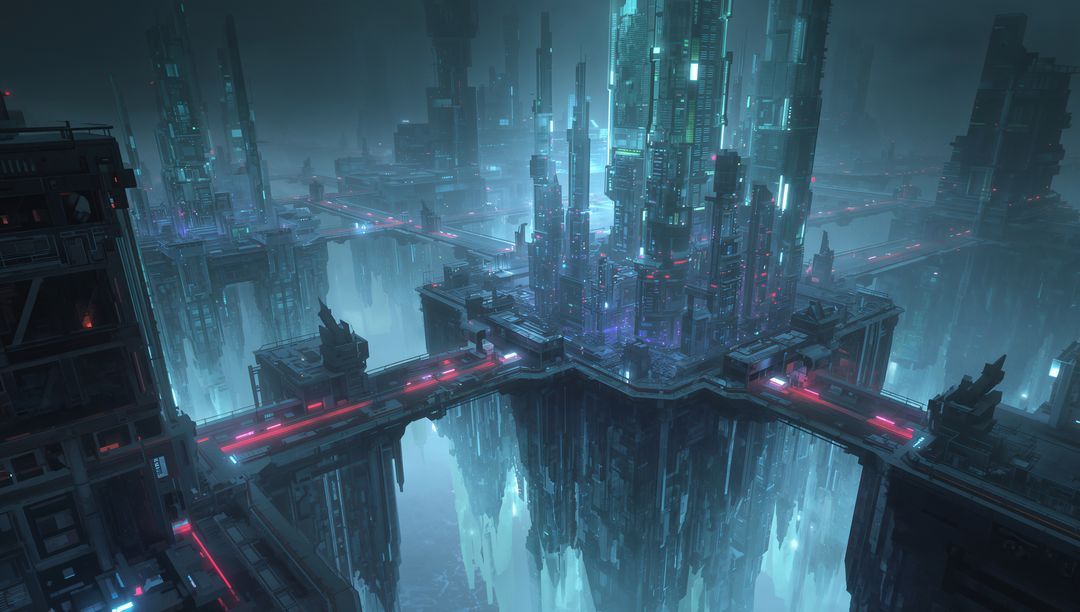 Neon Megastructure Rising Above Chasm with Elevated Bridges and Futuristic Sky Towers at Night