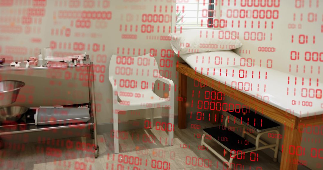 Clinic examination room with wooden exam table, medical instruments and red binary overlay