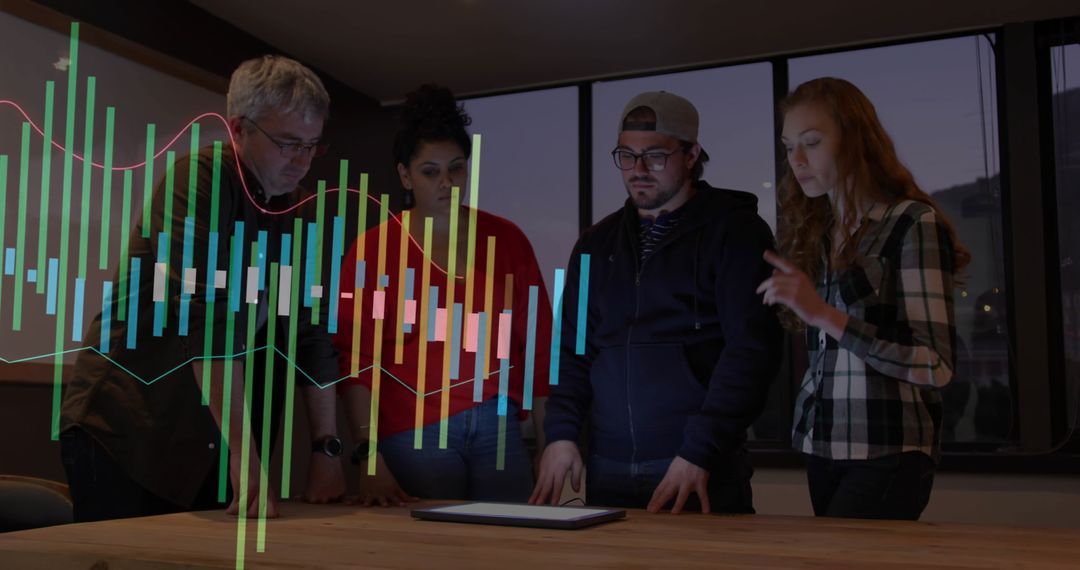 Colleagues Analyzing Holographic Chart in Tech Office