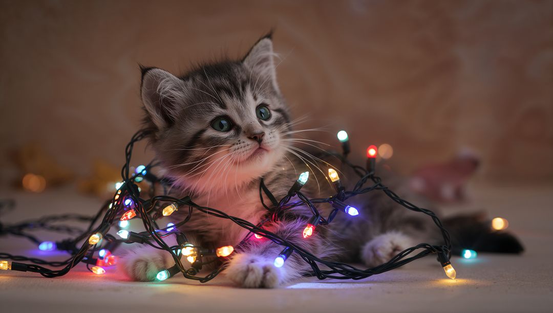 Curious Tabby Kitten Entangled in Multicolor LED Holiday Lights on Cozy Rug