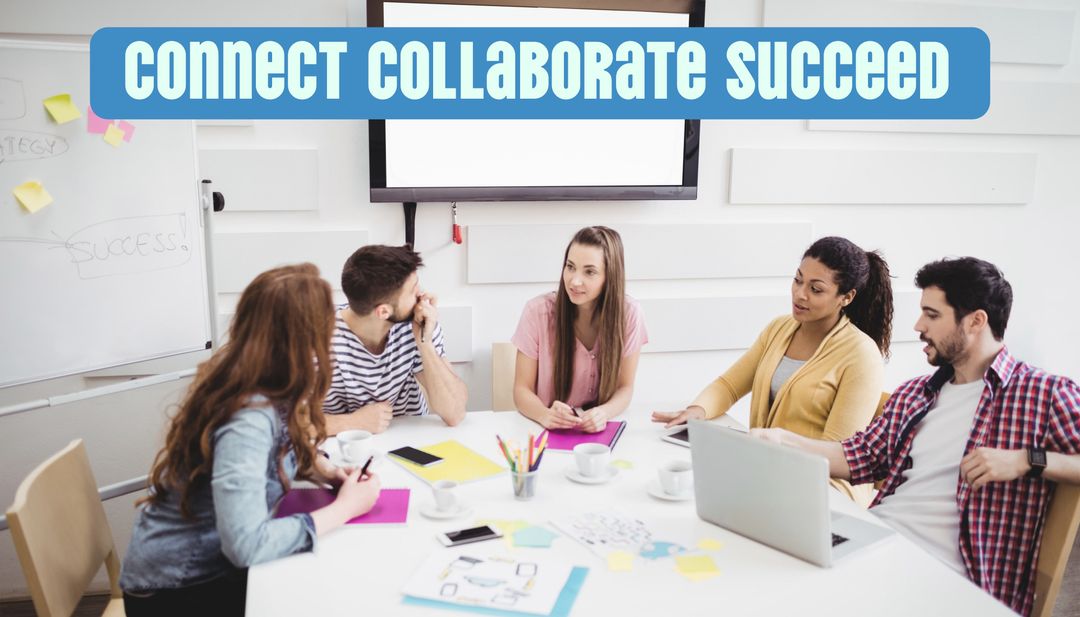 Connect Collaborate Succeed Text Over Diverse Businesspeople in Modern Office - Download Free Stock Templates Pikwizard.com