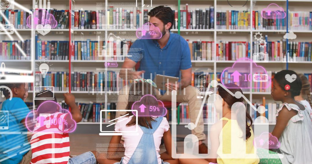 Diverse Group of Students Engaging with Digital Technology in Library