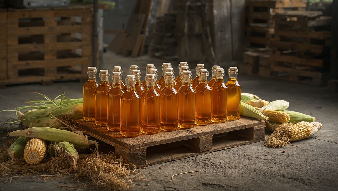 Rustic Barn Scene with Bottled Corn Syrup and Husks on Pallet