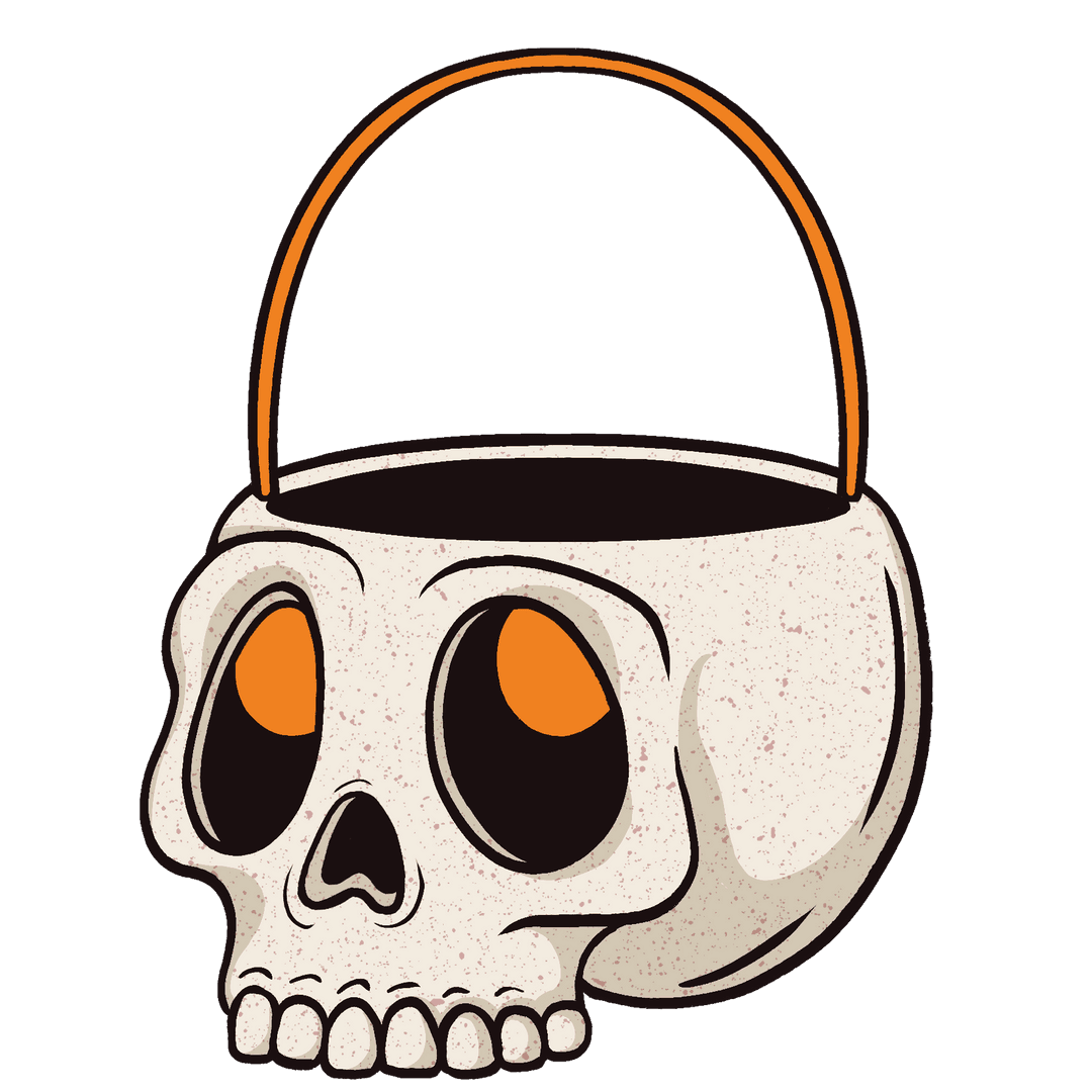 Stylized Skull Bucket with Orange Handle on Transparent Backdrop