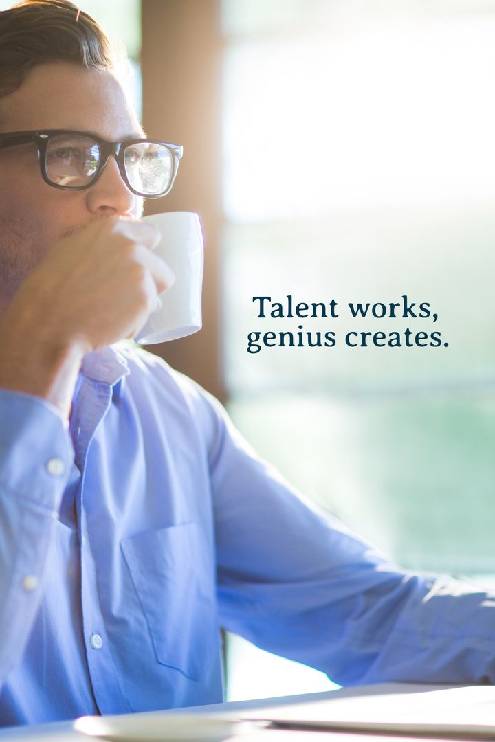 Contemplative Man Drinking Coffee with Inspirational Quote