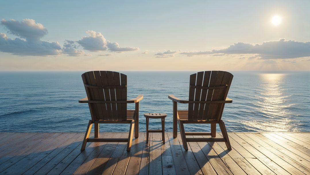 Rustic Adirondack Chairs Overlooking Ocean Sunrise on Wooden Deck