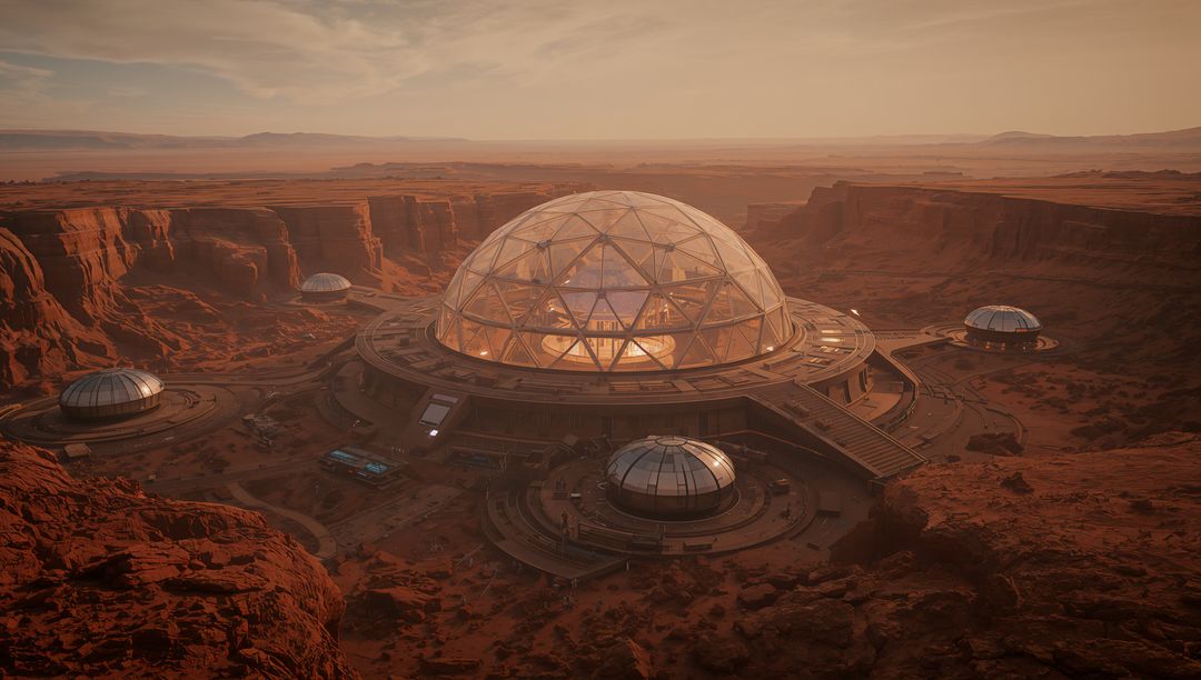 Illuminating geodesic glass dome at Mars canyon outpost with surrounding research modules