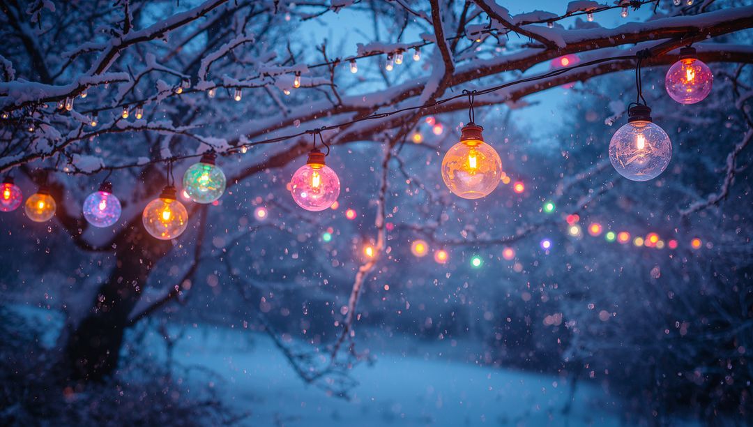 Glowing globe lights casting warm glow on snow-covered branches at winter twilight