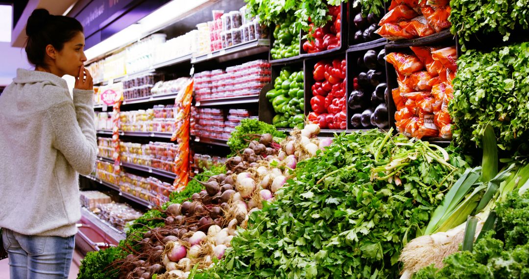 Young woman shopping for fresh vegetables in grocery store - Free Images, Stock Photos and Pictures on Pikwizard.com