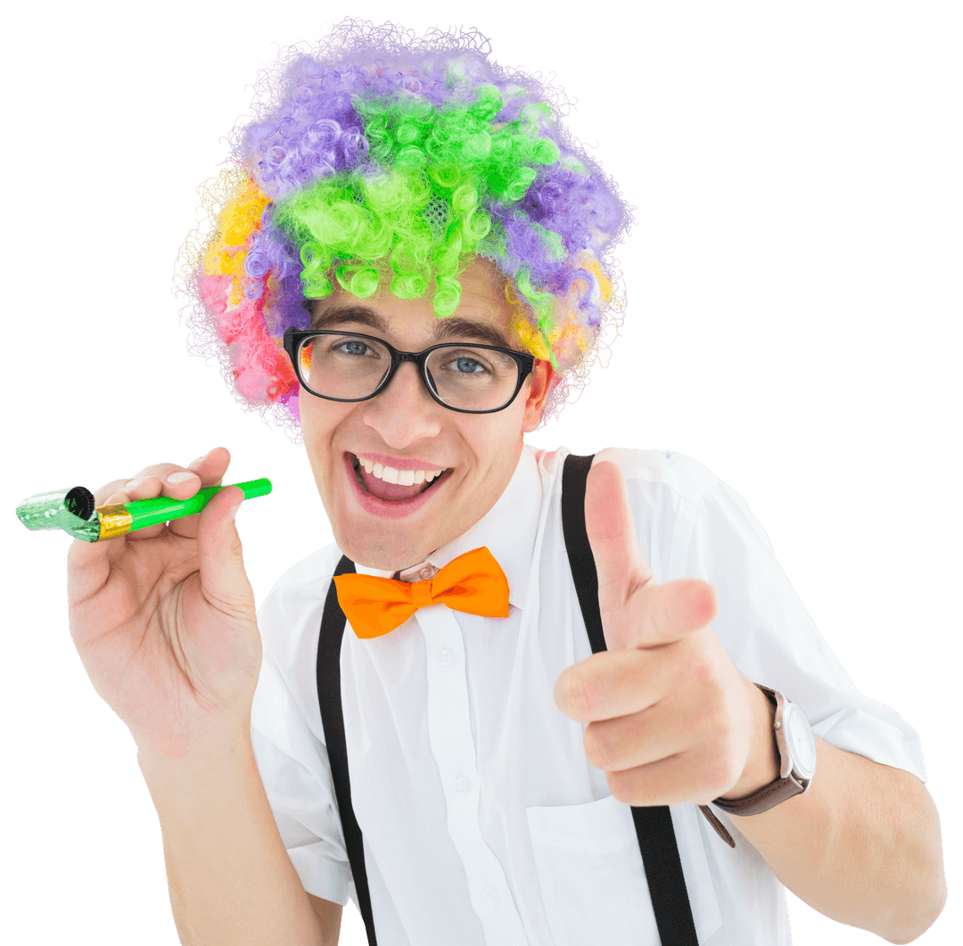 Transparent Image of Nerdy Man with Afro Wig Thumbs Up