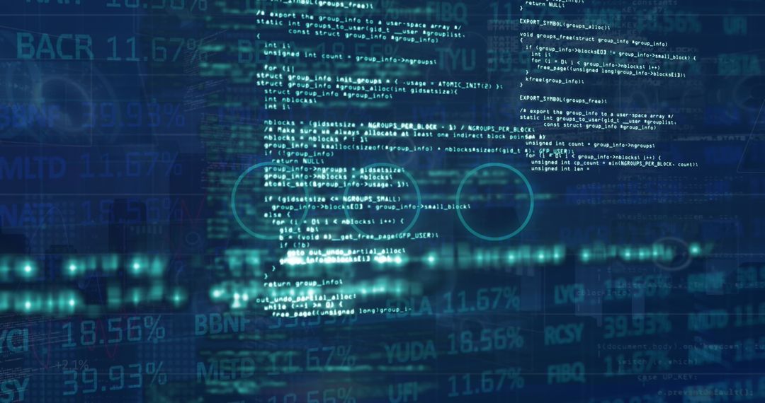 Futuristic Trading Screen with Streaming Code and Analyytical Graphs