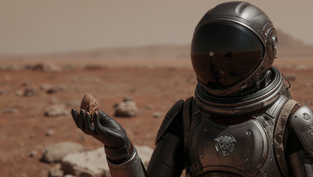 Astronaut Collecting Martian Rock Sample on Red Planet Surface with Reflective Visor